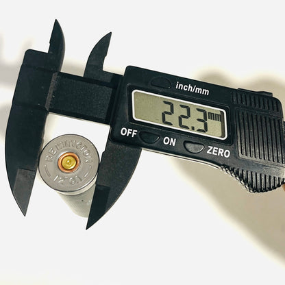 Digital caliper reading 22.3 mm across the headstamp rim diameter of a spent black Remington 12 GA shotshell
