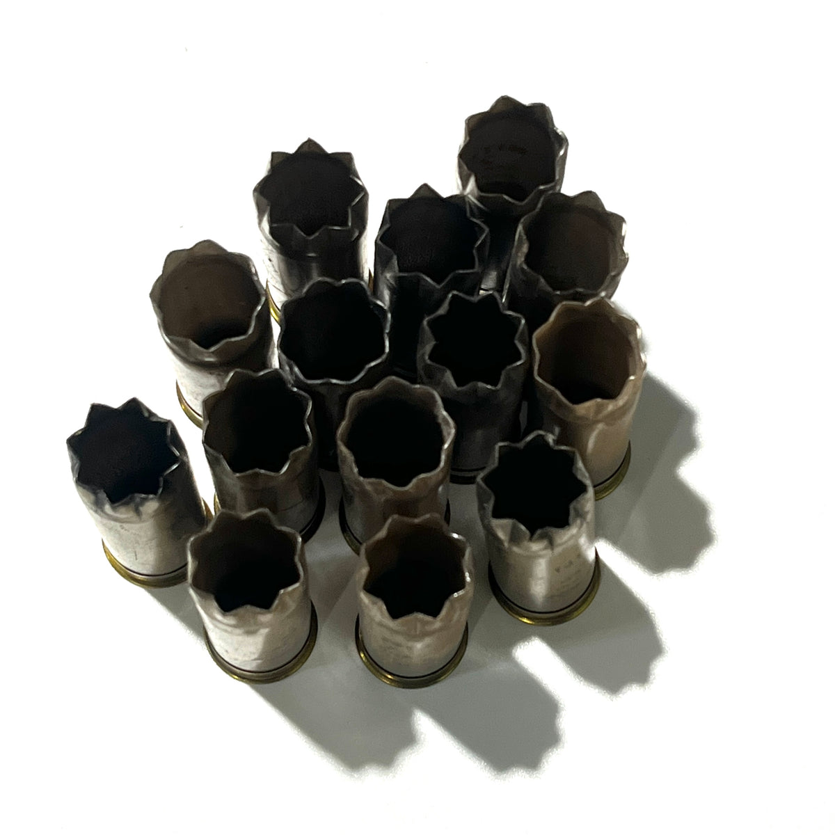 Top view of Remington gold 12ga hulls 8 star crimp white background