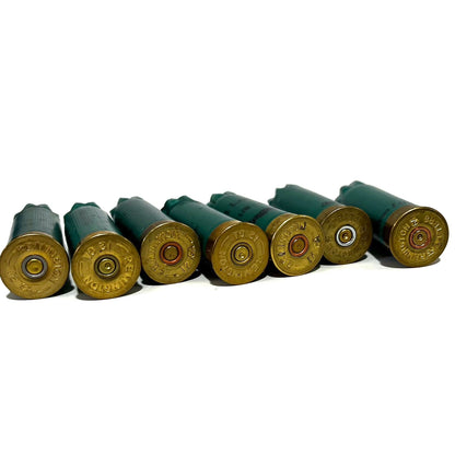 Seven dark green Remington 12 gauge empty shotgun shells with gold bases lined up on a white background