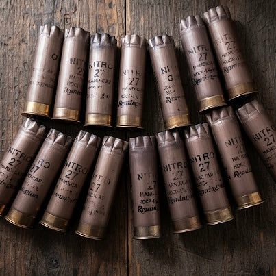 Gold shotgun casings arranged in a circle on wood.