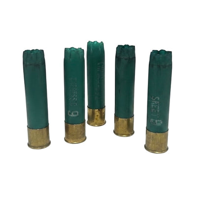 Five green 28ga empty shotgun shell casings arranged in a row standing upright on a white background.