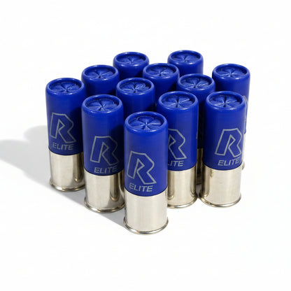 Nine blue and silver fake shotgun shell casings with white 'R ELITE' branding, arranged on a dark tabletop for movies and film.