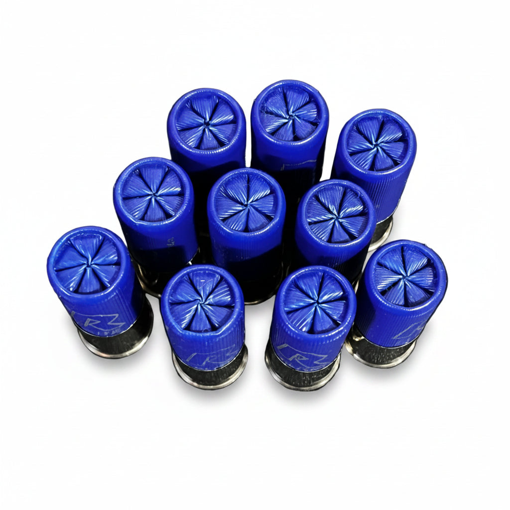 Blue 12ga dummy rounds for film and costumes showing 6 star crimp on white background