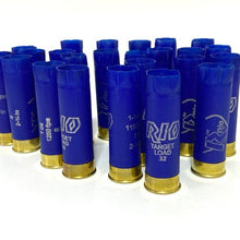 Load image into Gallery viewer, Group of RIO 12 gauge target load blue shotgun shells standing upright for crafting and art projects
