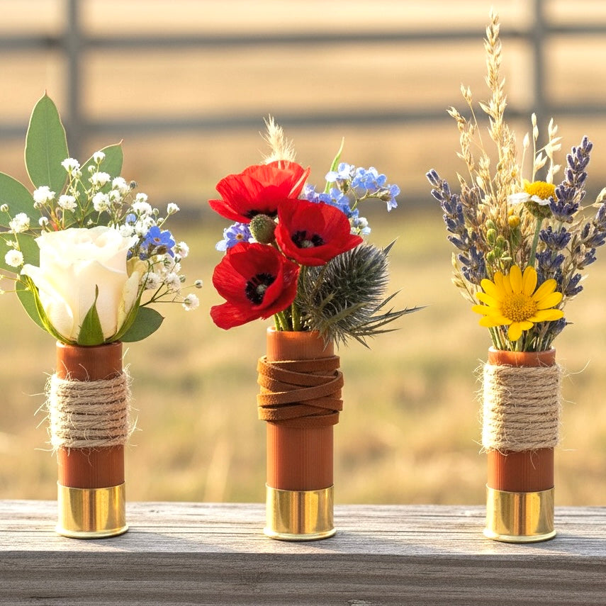 Three rose gold 12 gauge blank shotgun shells holding colorful flowers on wooden surface, rustic wedding boutonnieres.
