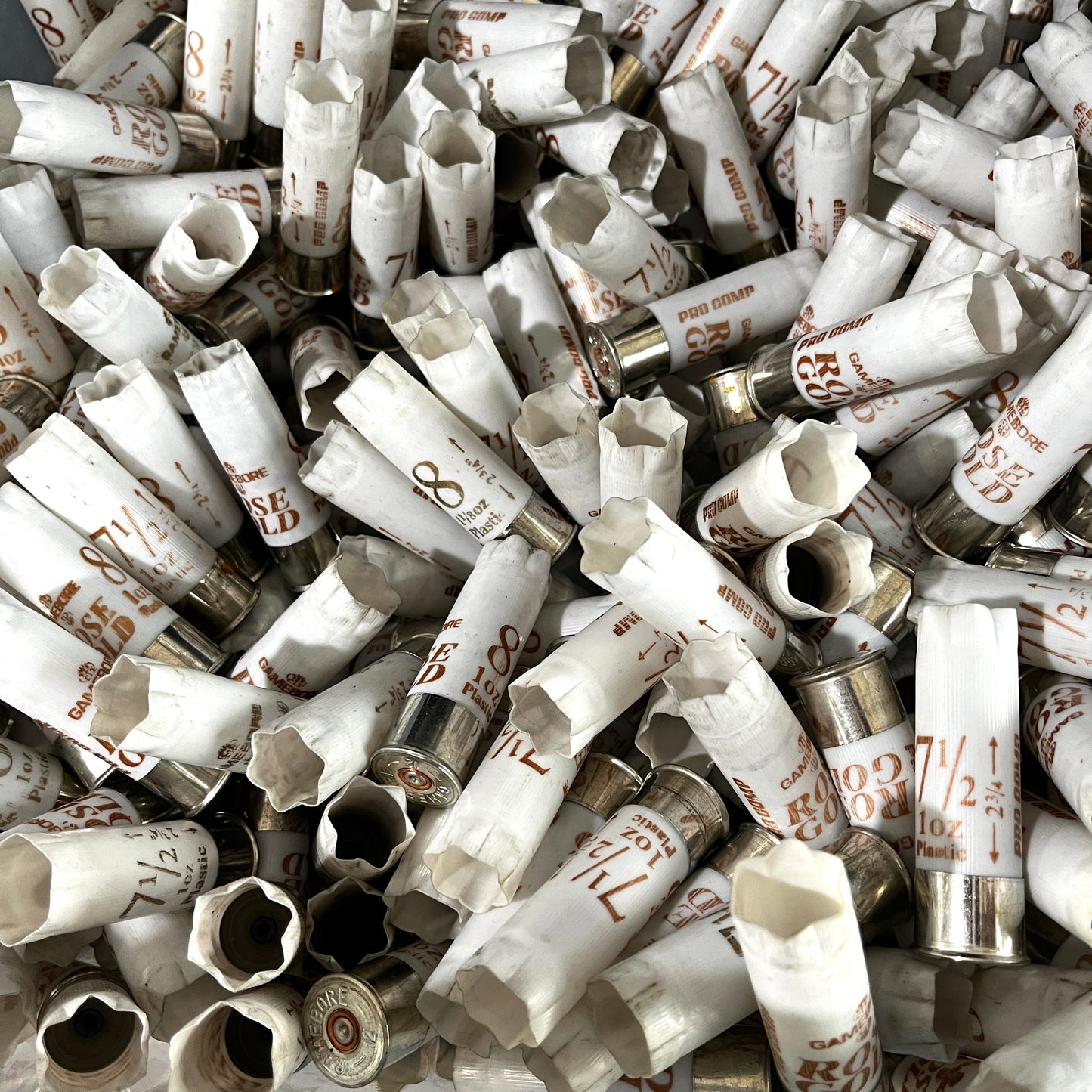 Overhead view of a dense pile of scattered white Gamebore 12 gauge fired shotgun shells with silver bases and various load markings.
