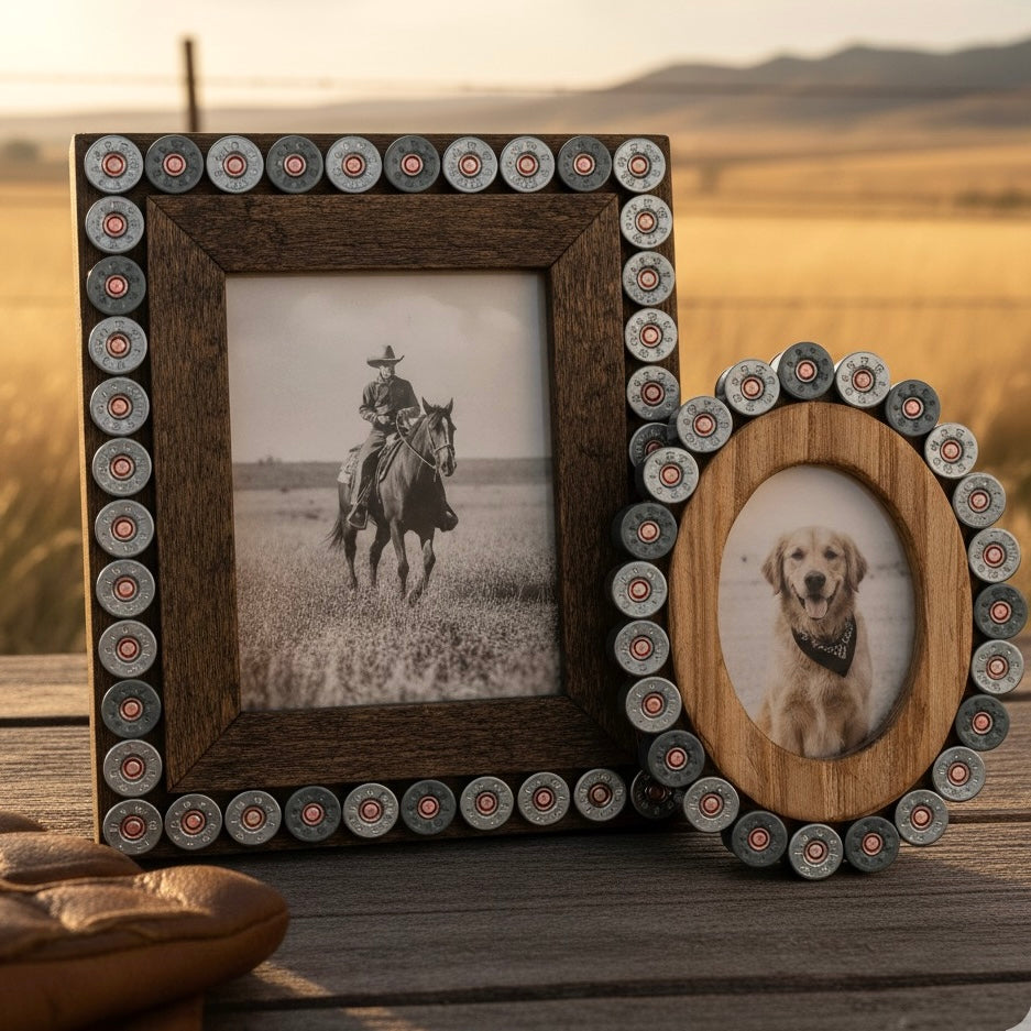 Two picture frames decorated with silver shotgun shell slices, one square frame with a photo of a man on horseback and one oval frame with a photo of a dog