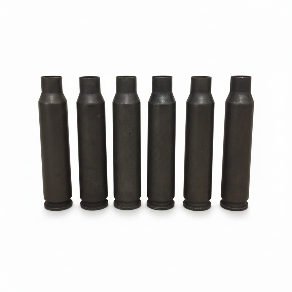Seven dark gray steel .223/5.56 empty casings standing in a row with a QTY 10 overlay