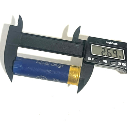 Navy blue Sterling 12ga casing measured lengthwise with a caliper showing 2.69 inches