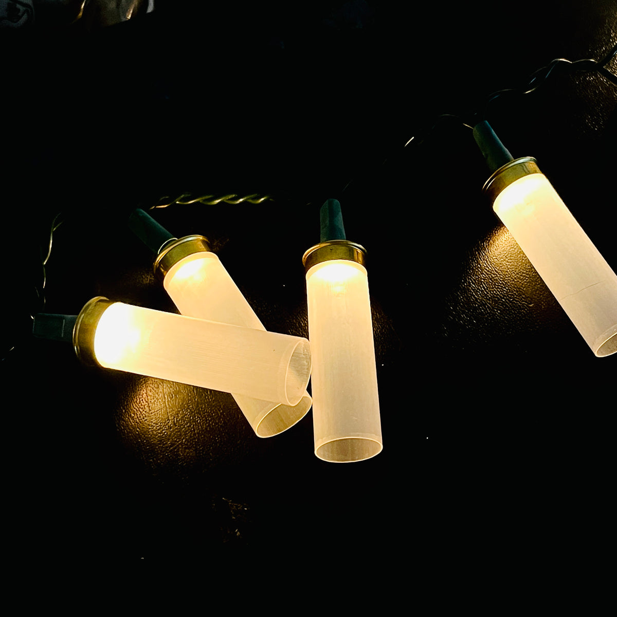 Four translucent empty hulls covering warm white string lights, glowing softly on a dark surface