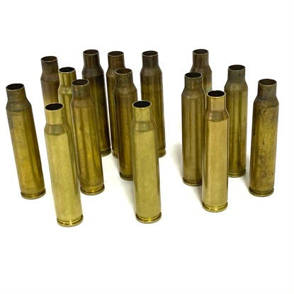Eight unpolished once-fired 223 rifle brass cases standing upright on a white background with visible shoulder tarnish.