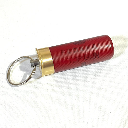 Empty Shotgun Shells upcycled red Federal Top Gun hull keychain with a brass base and stainless steel swivel.
