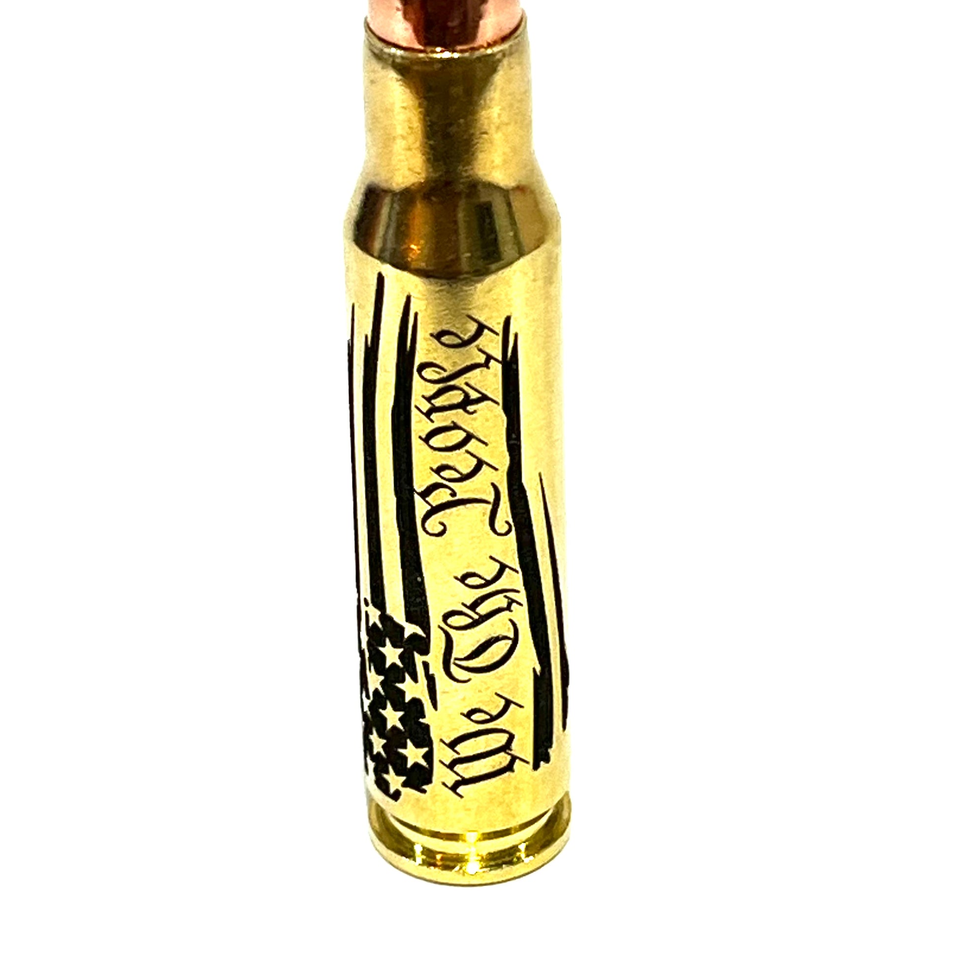 Vertically cropped brass .308 casing with full 'We The People' script and flag engraving