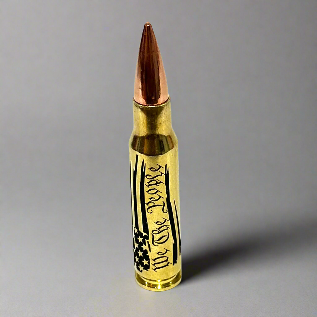 Brass .308 round with 'We The People' engraving, standing upright on gray with drop shadow