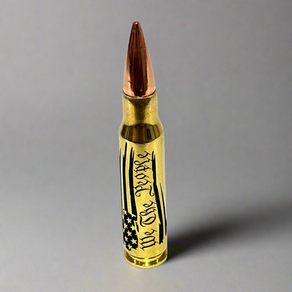 Brass .308 round with 'We The People' engraving, standing upright on gray with drop shadow