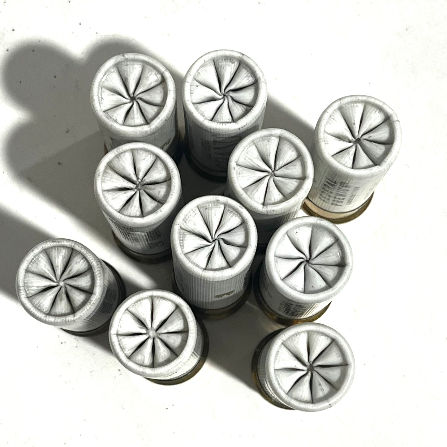 Ten white dummy shotgun shells viewed open-end up showing pinwheel folded crimps on a white background