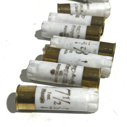 Row of white 12 gauge empty shotgun shells with gold brass bases printed Gamebore White Gold lying on a white background