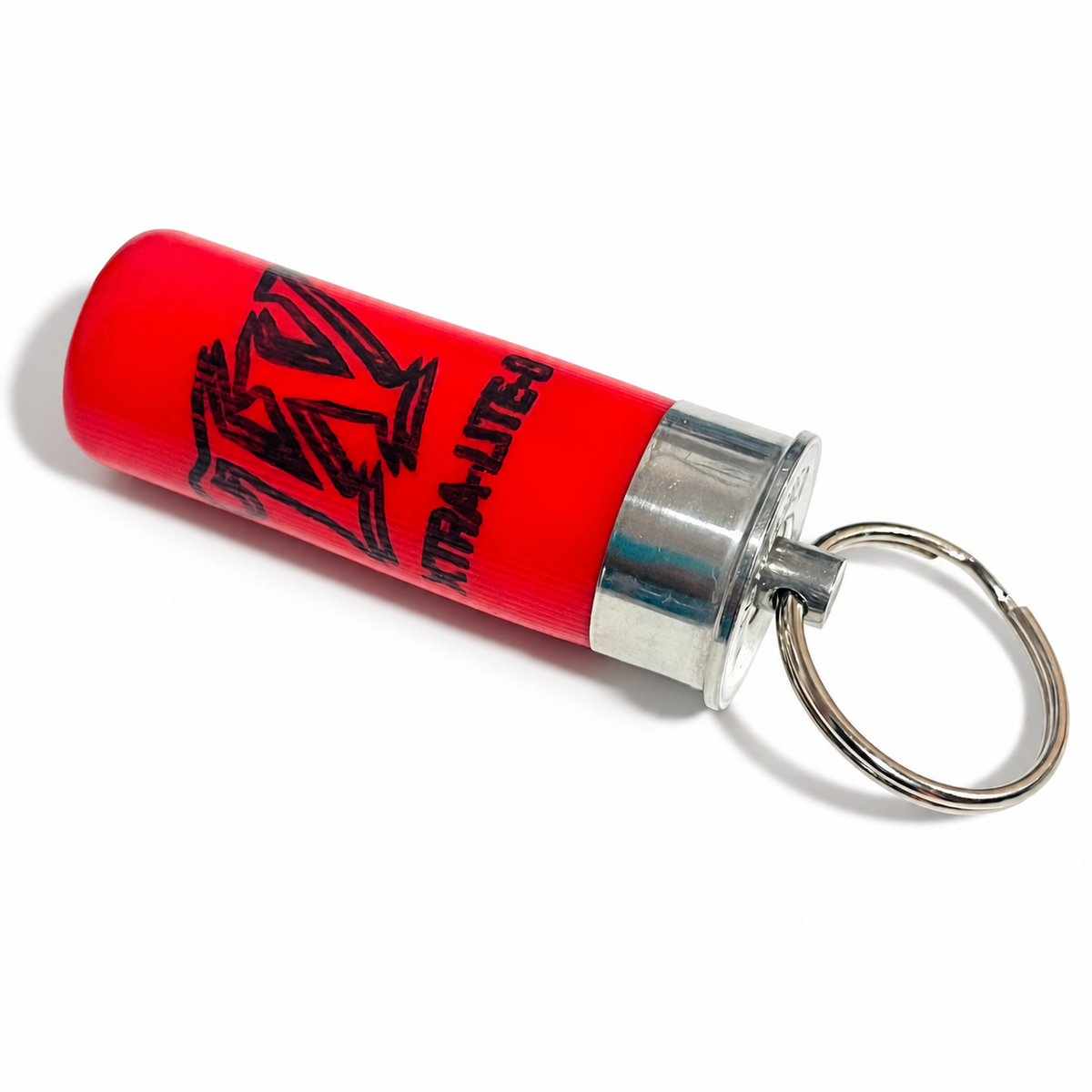 Red once-fired Winchester 12 gauge shotgun shell keychain with black W logo, steel swivel pin and split ring