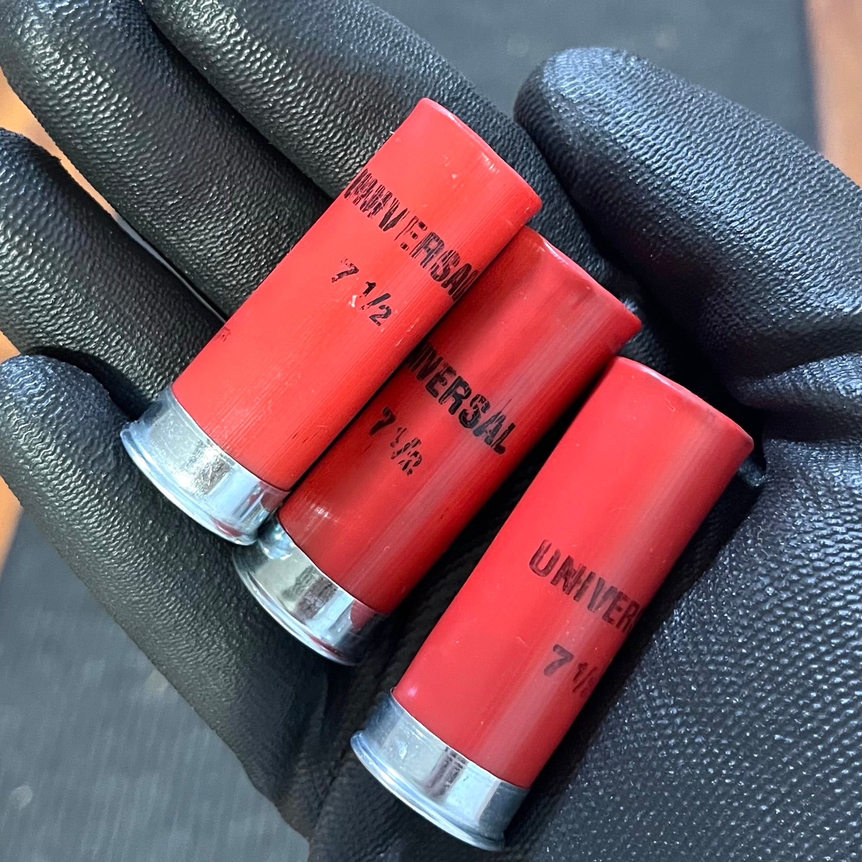 Three red 12 gauge Winchester dummy rounds with silver bases held diagonally in a black gloved hand.