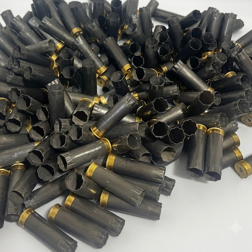 Bulk mound of spent gray Winchester AA 12 gauge shotgun shells on a white background.