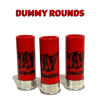 Three red Winchester dummy rounds standing upright with a black logo against a white background, text overlay: DUMMY ROUNDS.
