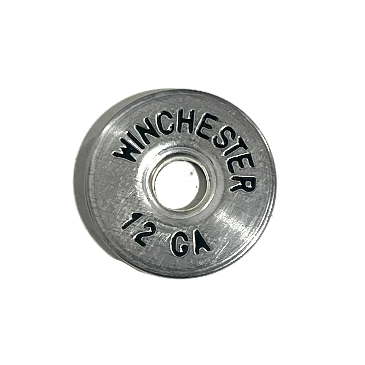 A single deprimed silver hand painted Winchester 12 gauge shotgun shell slice on a white background.
