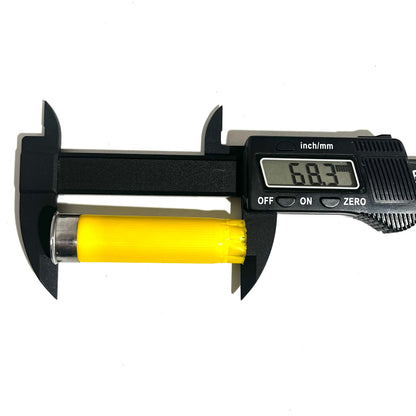 Digital caliper measuring the length of a yellow shotgun shell showing 68.3 mm