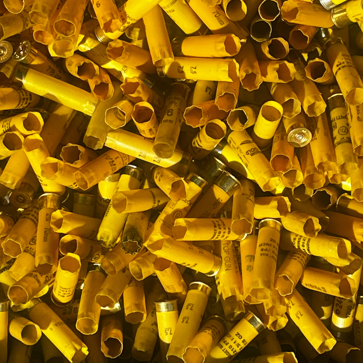 Close-up of a large pile of mixed yellow shotgun shell hulls with open mouths, some showing gauge numbers