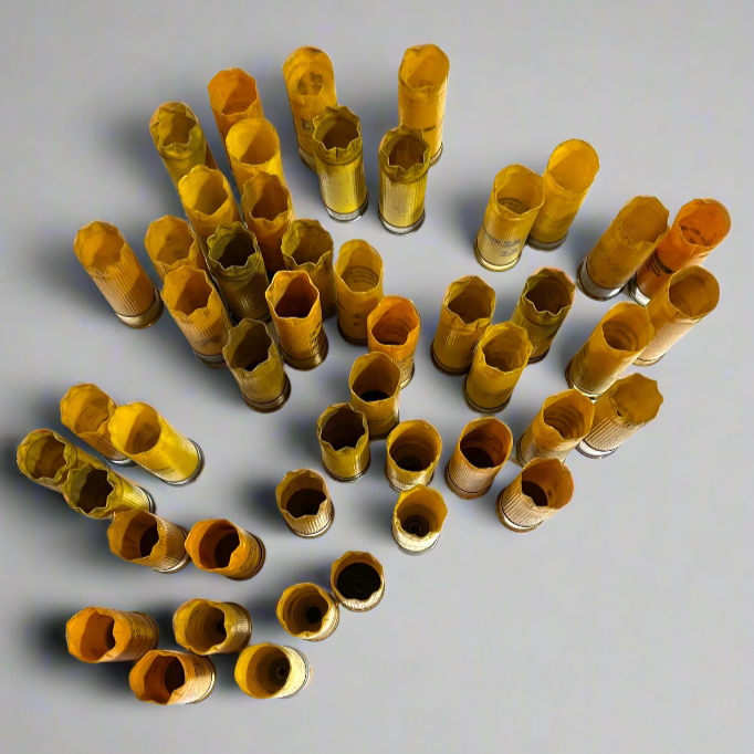 Dozens of empty yellow shotgun shell hulls with open mouths, arranged in rows viewed from above