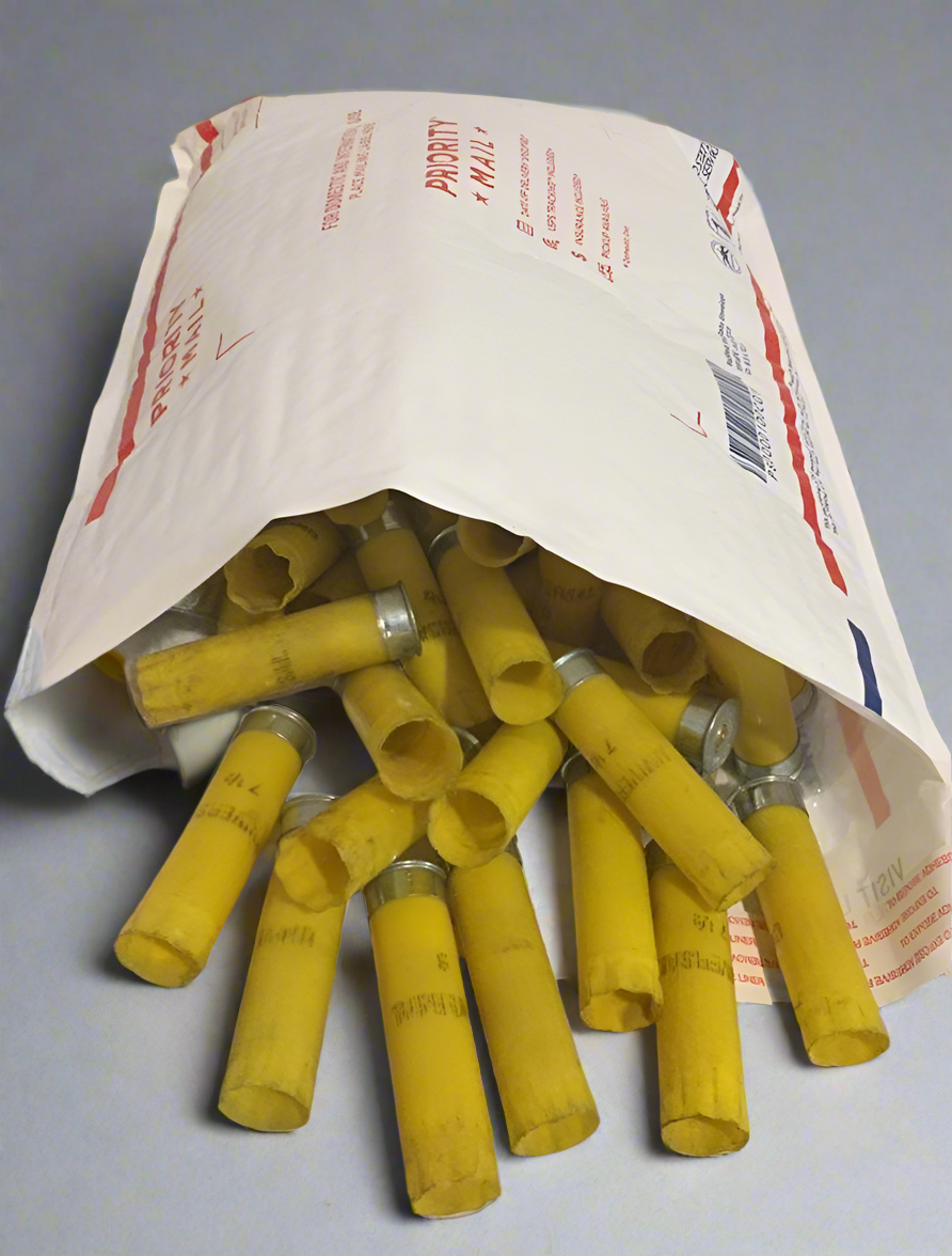 A pile of yellow shotgun shells spilling out of a Priority Mail shipping envelope