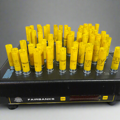 Rows of yellow shotgun shells standing on a Fairbanks digital scale