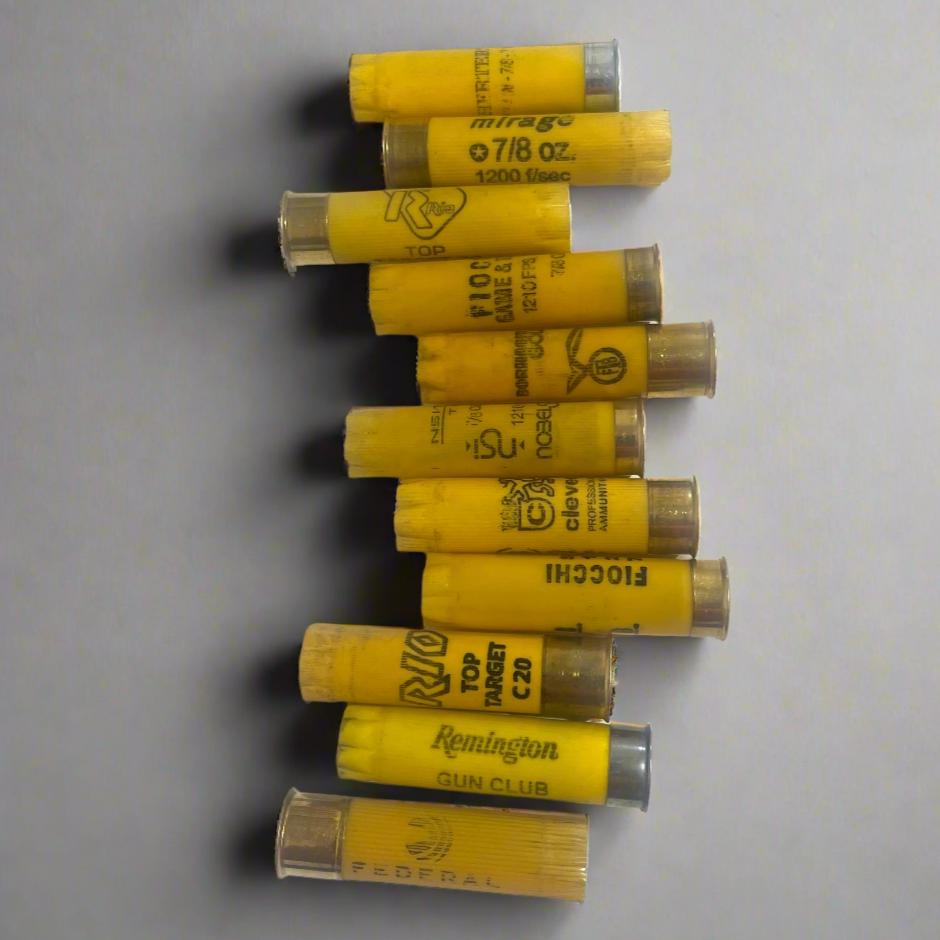 10 mixed yellow shotgun shell hulls from various brands including Fiocchi, Remington, and Rio, arranged in a zigzag row