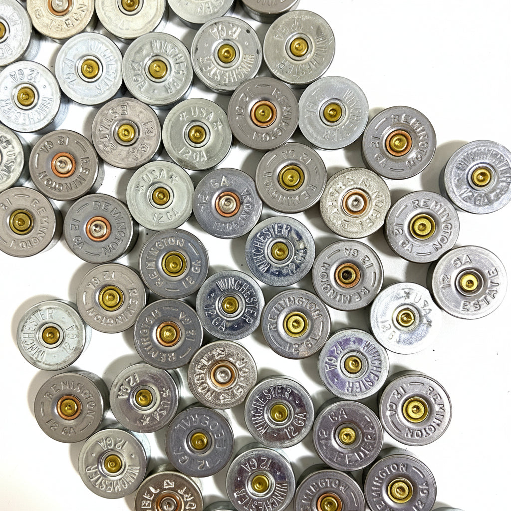 Silver 12 gauge shotgun shell end caps packed edge-to-edge, showing mixed headstamp markings.