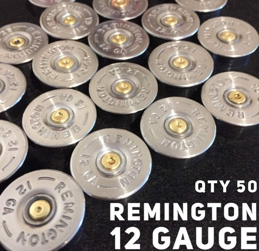 Polished silver 12 gauge Remington headstamps on black background with QTY 50 text overlay for crafting.