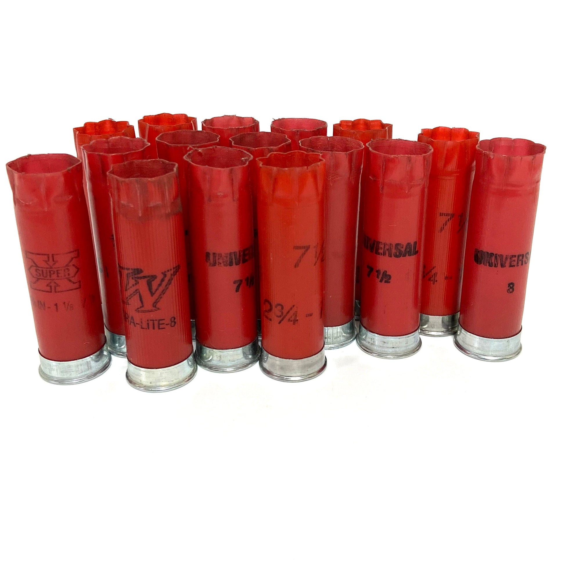 Ten red  inert Winchester 12 gauge shotgun hulls with silver bases standing upright in a staggered group on a white background.