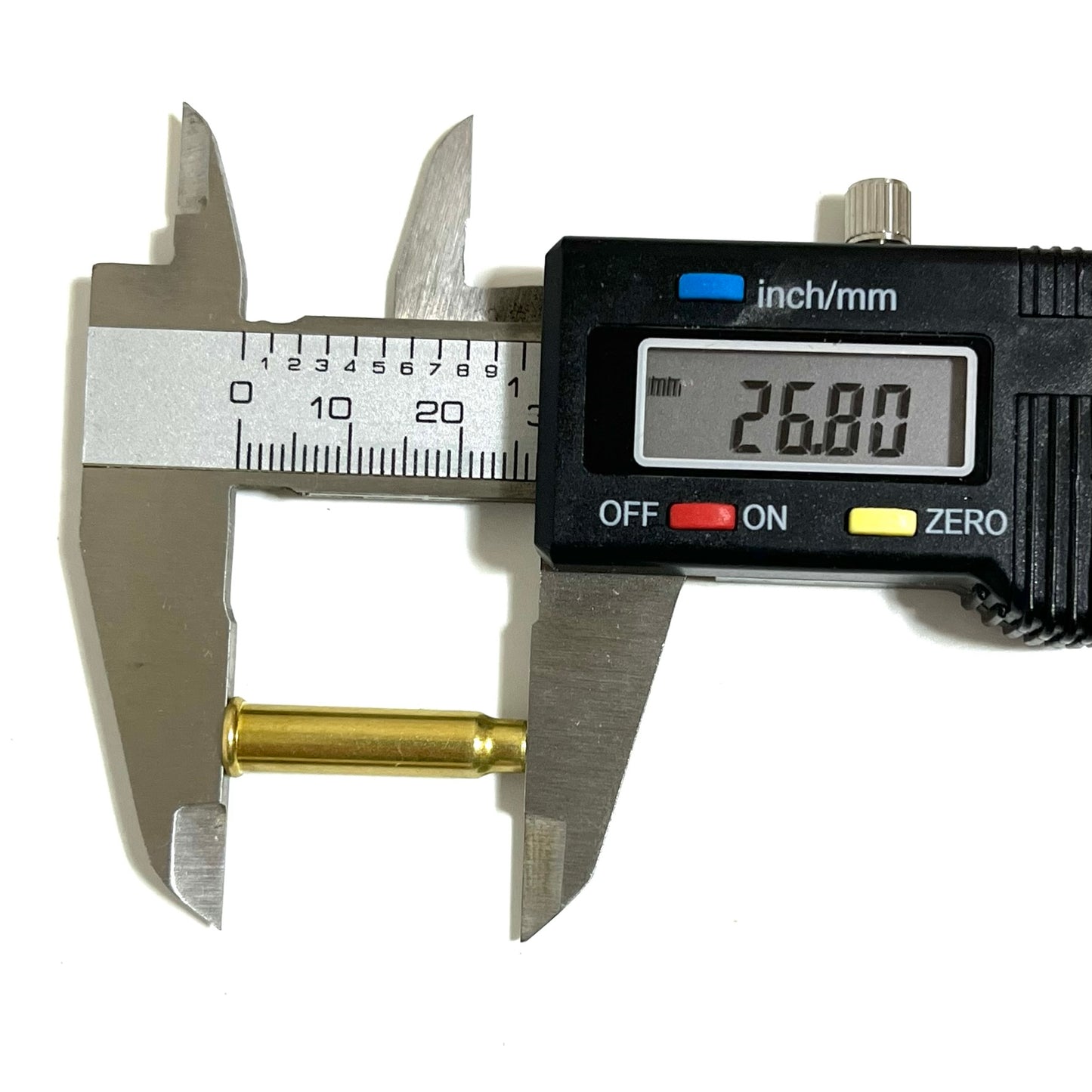 A digital caliper measuring the length of a .17 HMR empty brass cartridge casing, showing a display of 26.80 mm on a white background.