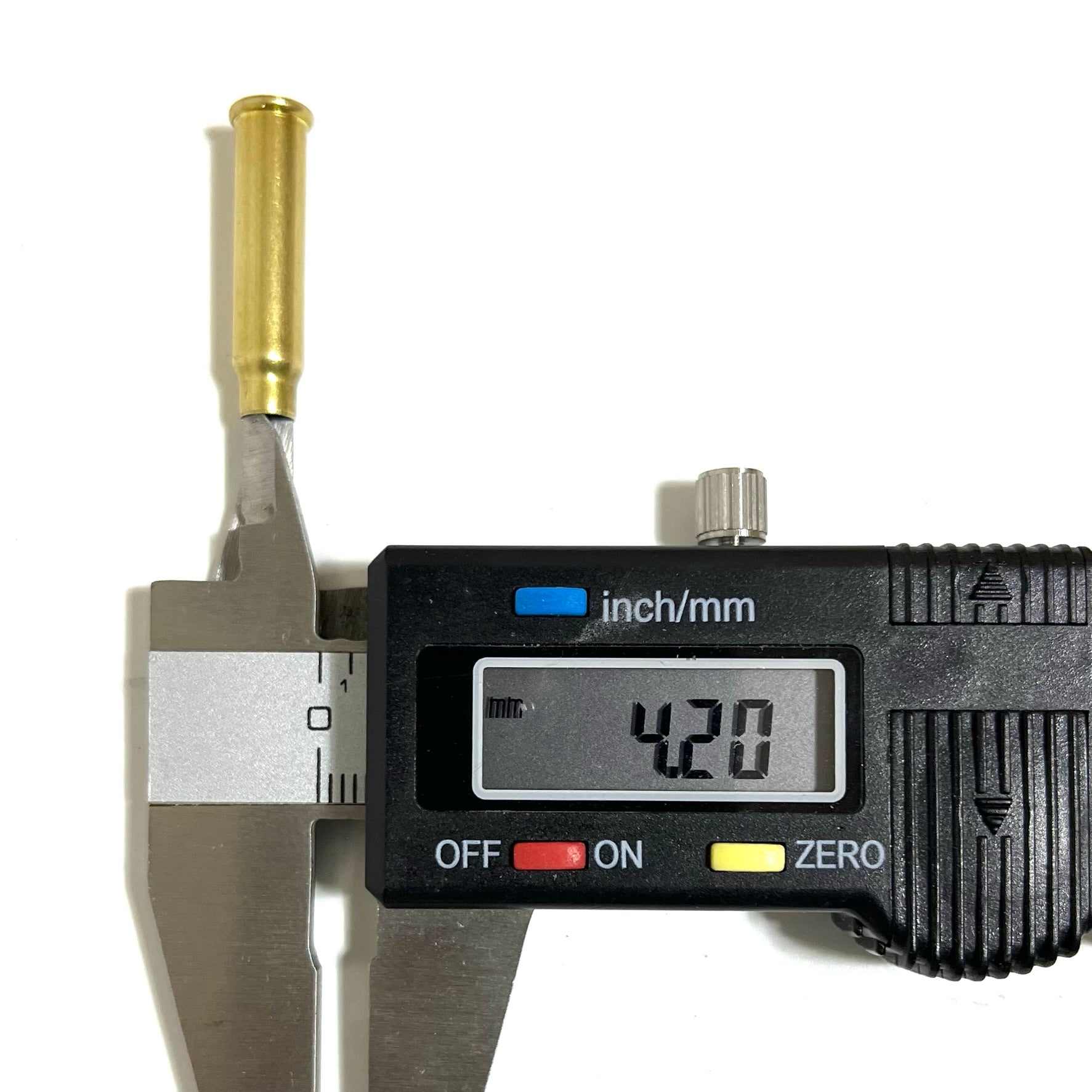 A digital caliper measuring the mouth diameter of a .17 HMR empty brass cartridge casing, showing a display of 4.20 mm on a white background.