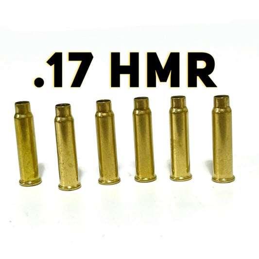Six empty brass .17 HMR casings lined up on a white background under the text .17 HMR.