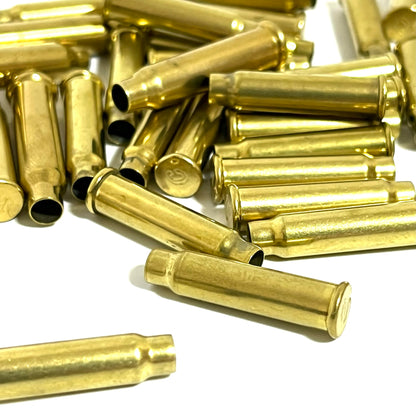 A large pile of empty .17 HMR brass cartridge casings scattered on a white background.
