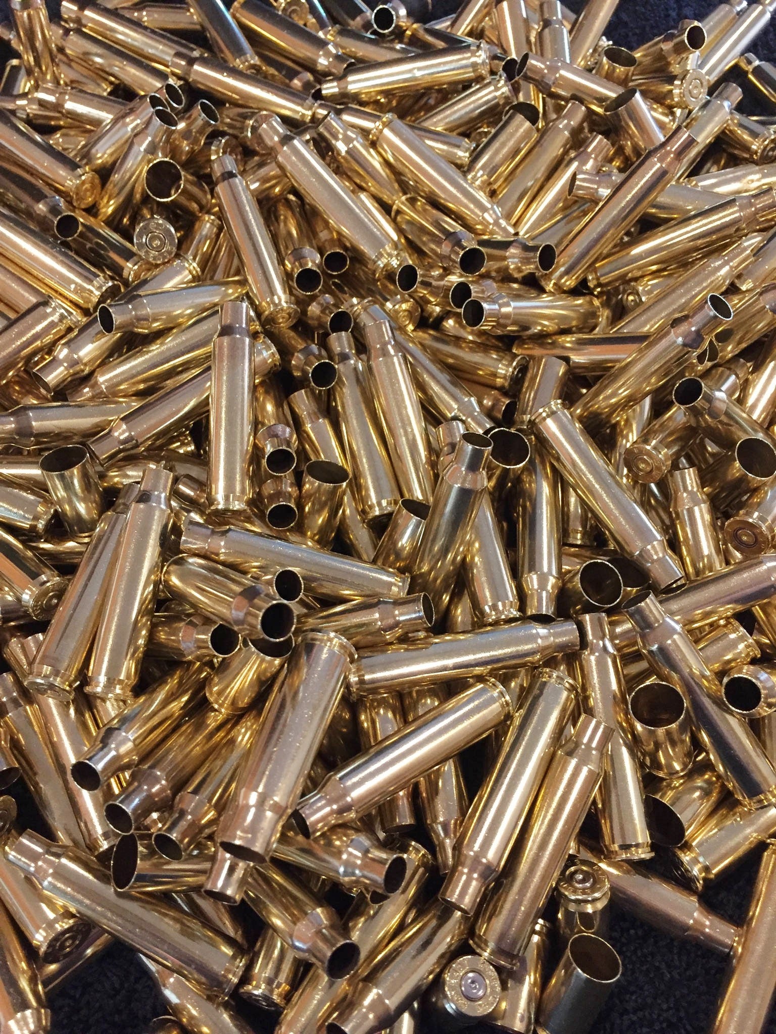 A large pile of polished brass 223 5.56 empty spent bullet casings