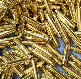 A pile of polished brass 223 5.56 empty spent bullet casings on a blue cloth