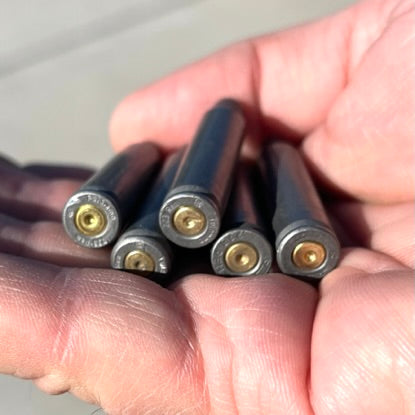 A hand holds five empty gray steel casings upright, showing gold-colored primers facing up.
