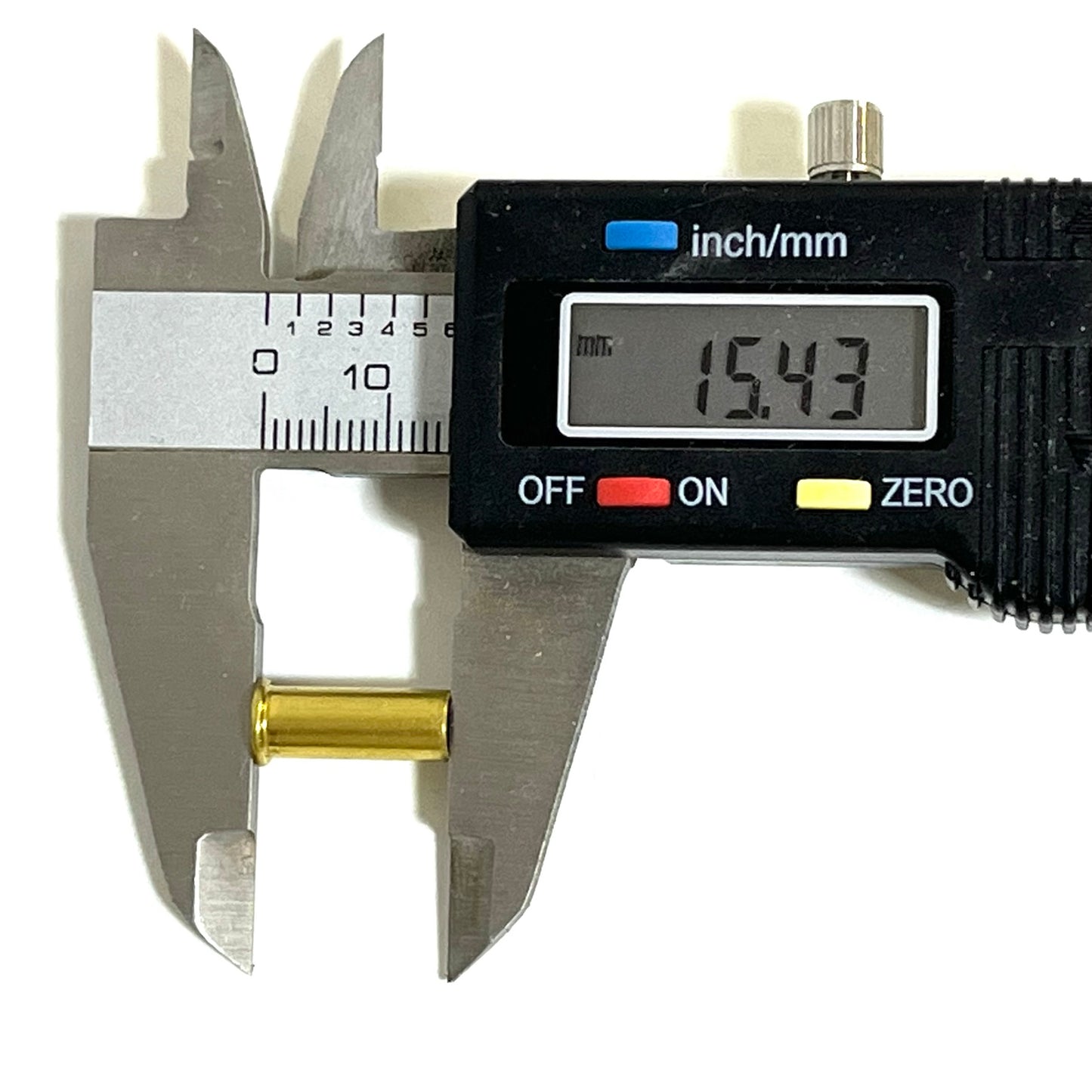 Digital caliper measuring the length of a once-fired .22LR brass casing at 15.43 mm
