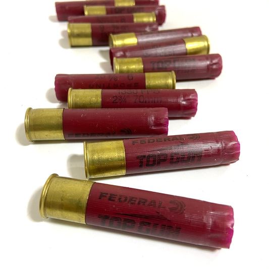 Eight 28 gauge dark red Federal Top Gun hulls with brass heads fanned across a white background