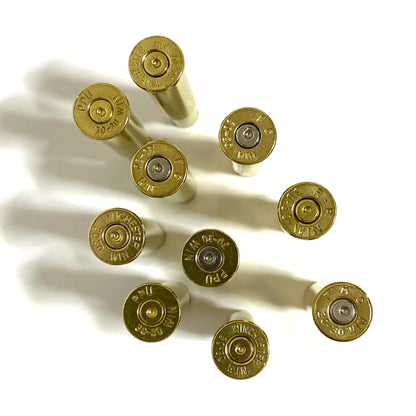 Top-down view of 30-30 brass headstamps and spent inert primers, mixed silver and gold primers, polished shine.
