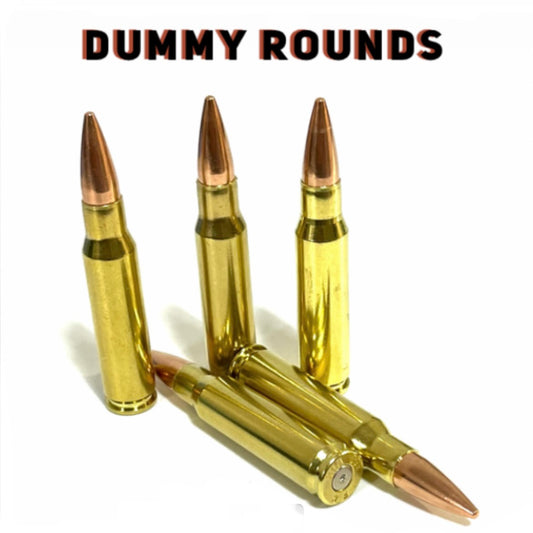 Five brass polished .308 dummy rounds with copper tips, three upright and two lying flat, text reads DUMMY ROUNDS