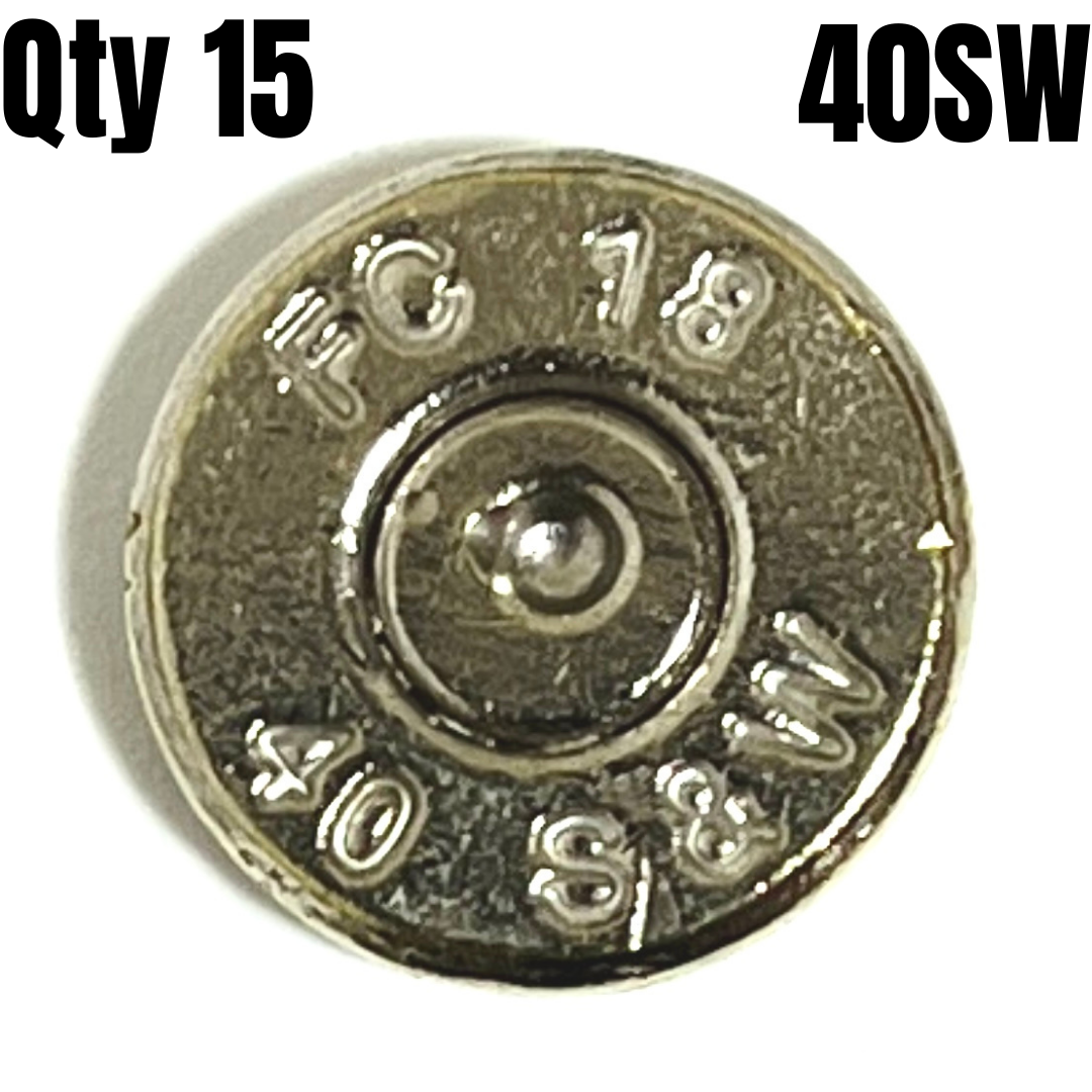 A single silver 40 S&W thin cut bullet slice with a legible FC 18 headstamp, beneath Qty 15 and 40SW text overlays.