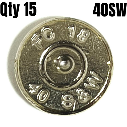 A single silver 40 S&W thin cut bullet slice with a legible FC 18 headstamp, beneath Qty 15 and 40SW text overlays.