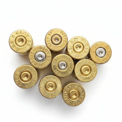 10 brass .45 ACP casings viewed from the base, showing mixed manufacturer headstamps including Winchester, Federal, and Perfecta, with both silver and brass-toned primers