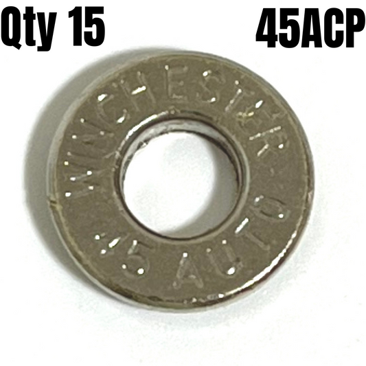 A top-down macro shot of a single silver nickel 45 ACP bullet slice with 'Winchester 45 Auto' headstamp engraving, centered on a white background with black text overlays 'Qty 15' and '45ACP'.
